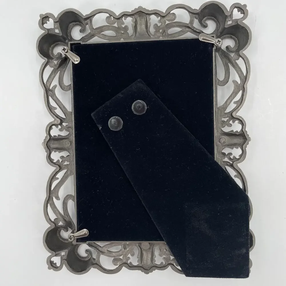 Double Photo Frame, Metal, Pewter Color, Ornate Scroll, 2 1/4” X 3 1/4” Ea. Side